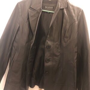 GUESS Black Leather Button-Front Blazer Jacket